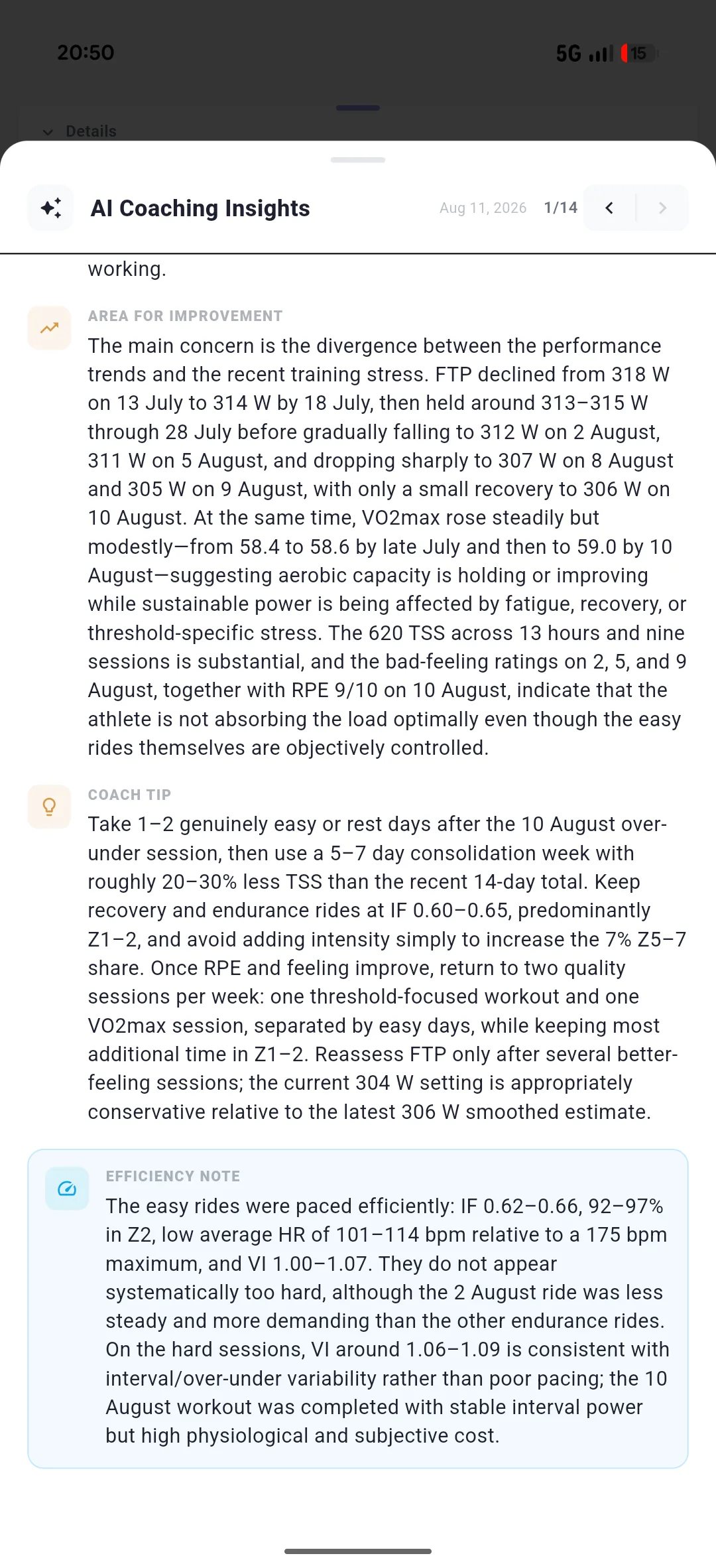 ENDURE AI coaching insights with training analysis and coach tips