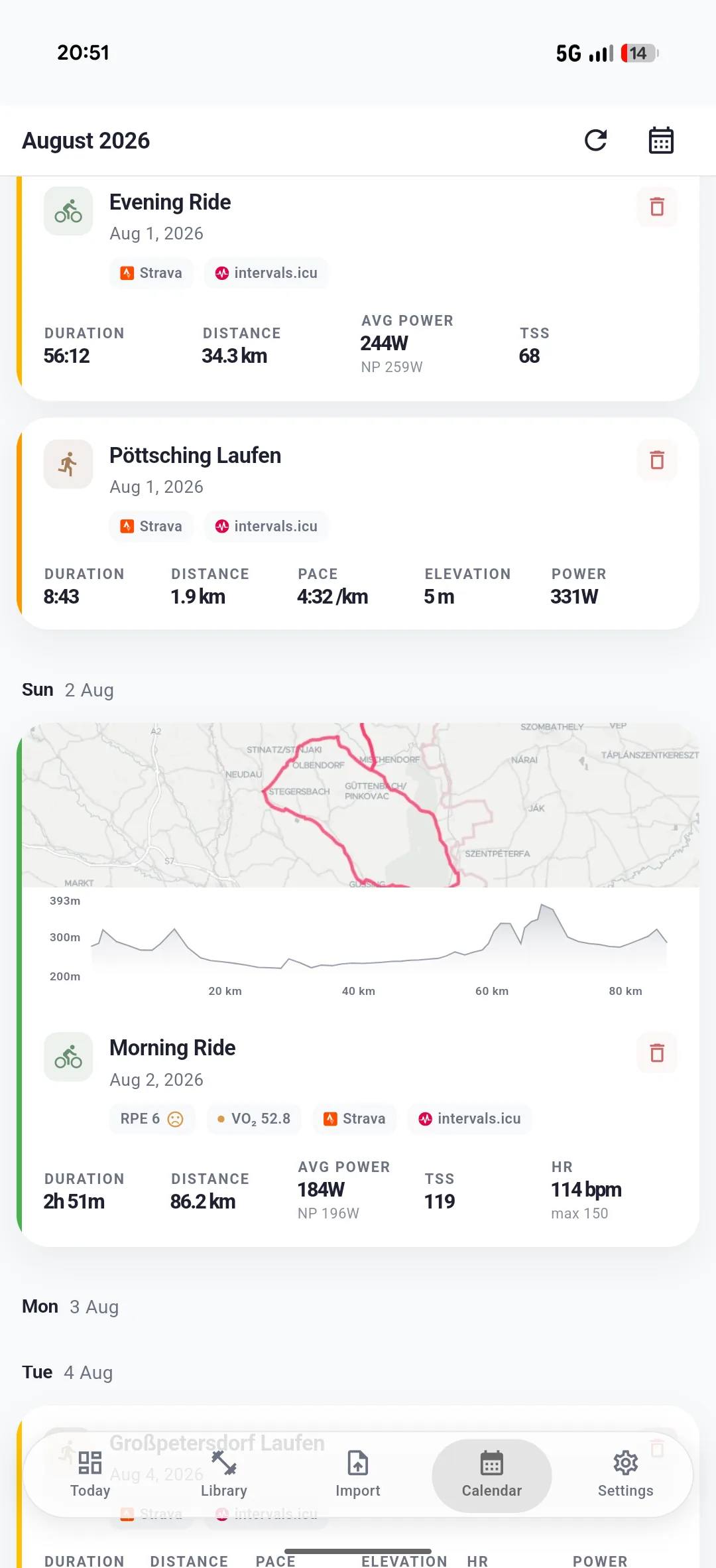 ENDURE training calendar with a ride's route map and elevation profile