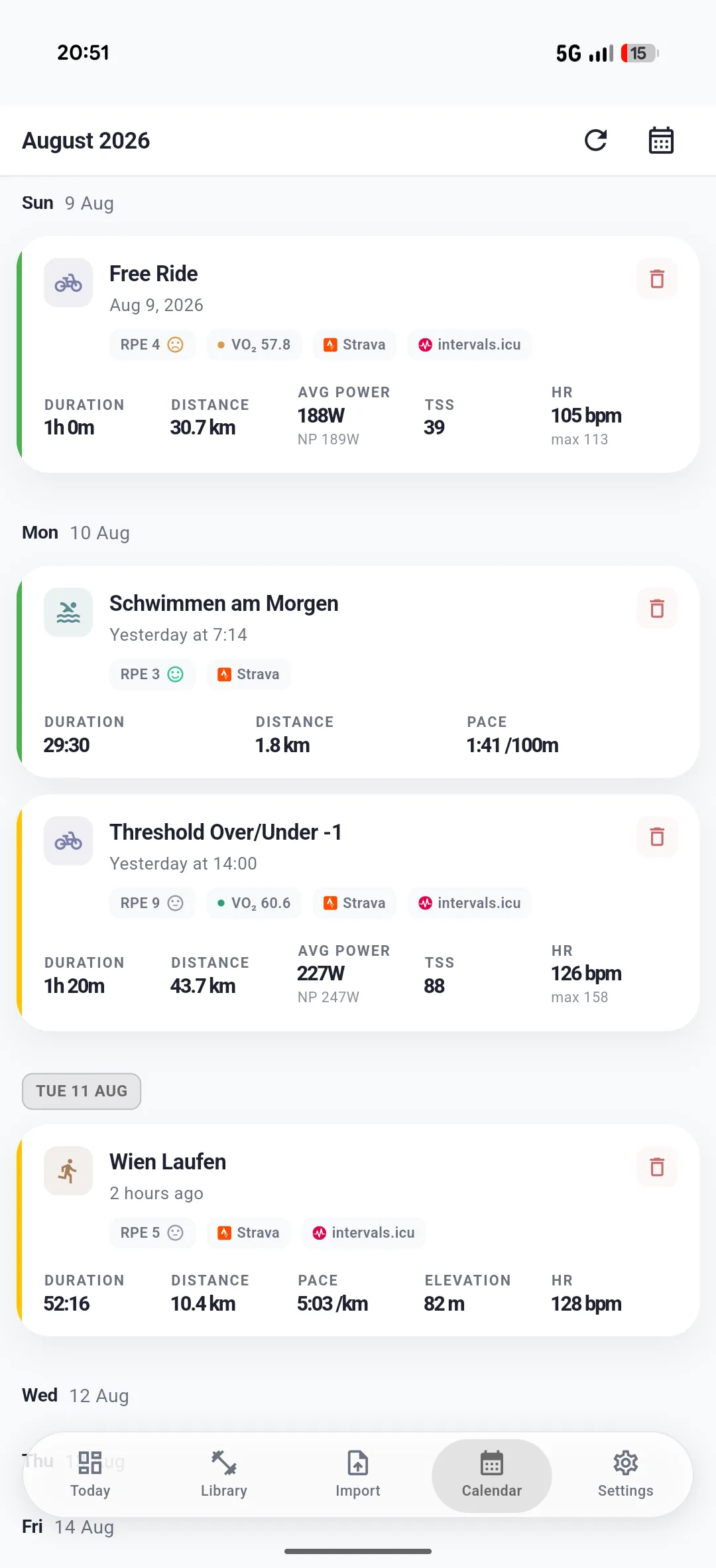 ENDURE training calendar with rides, runs and swims synced from Strava
