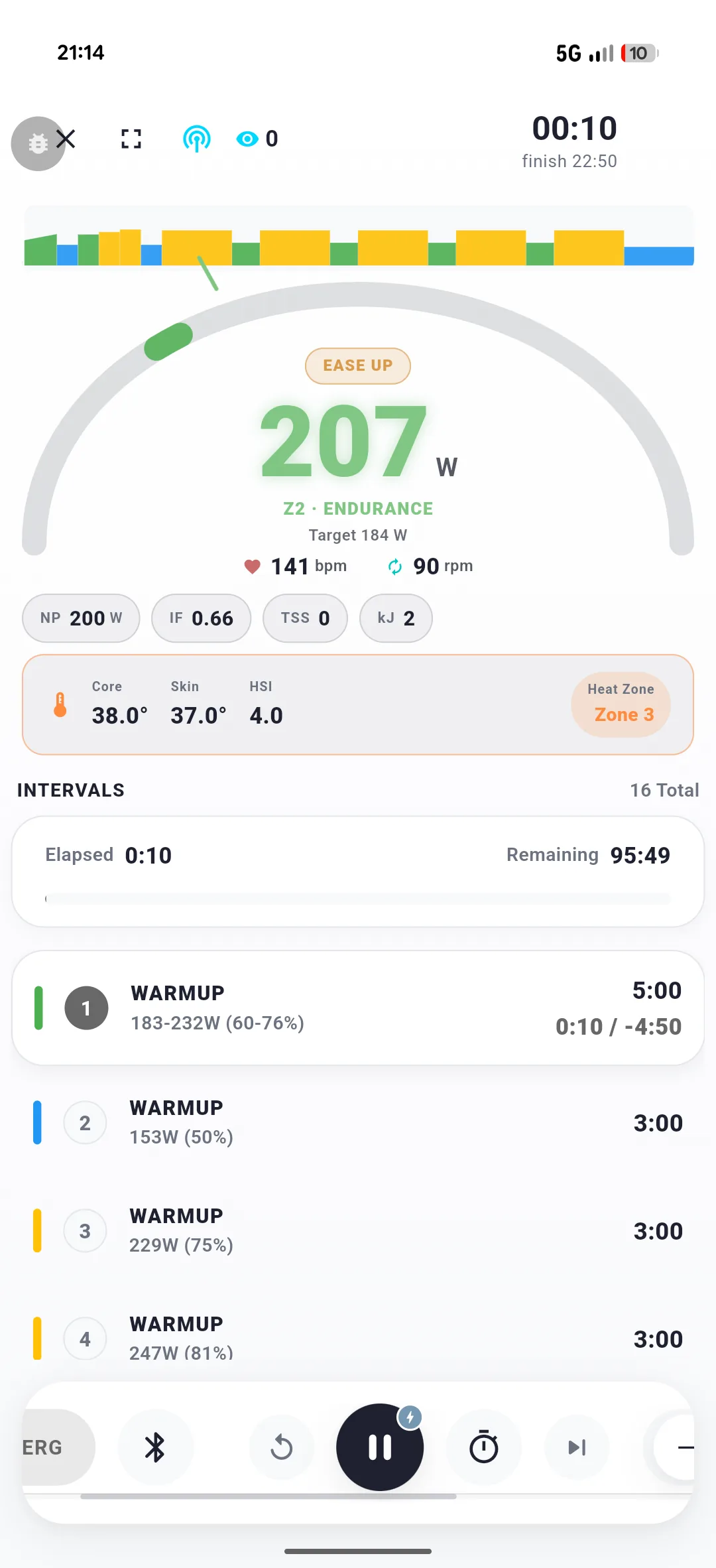 ENDURE ride screen with ERG target power, heart rate, cadence and CORE heat zone