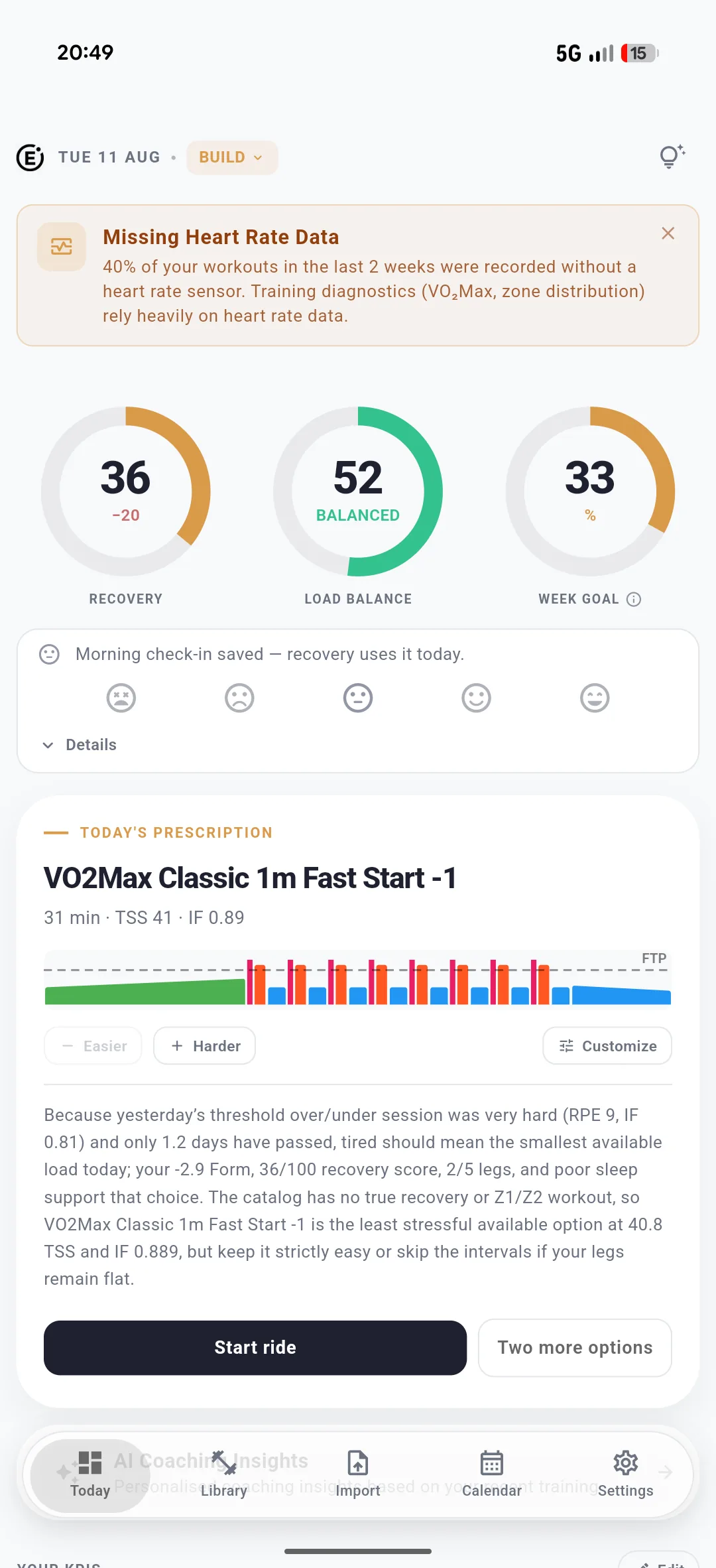 ENDURE today view with recovery score, load balance and the workout prescribed for today