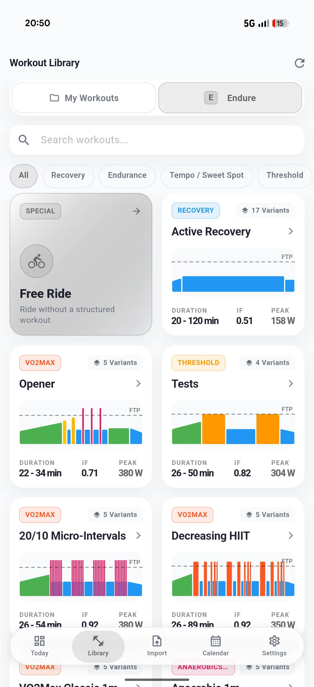 ENDURE workout library with training categories and interval previews